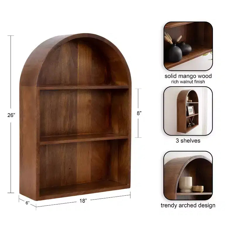 Scaffale da parete ad arco 45,7 x 66 cm, in noce marrone, in legno massello di mango con design geometrico