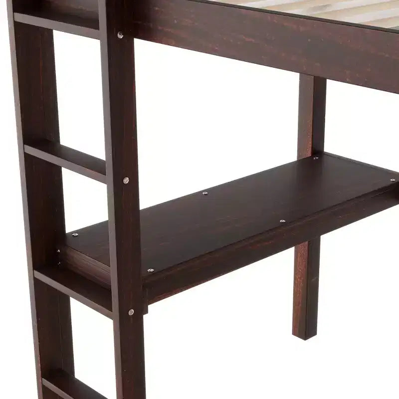 Letto a soppalco in legno di gomma matrimoniale con scaletta, sponde di sicurezza e scrivania integrata, 78,6"L x 41,4"W