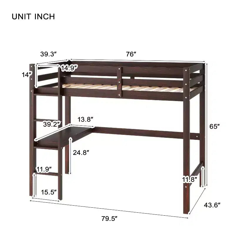 Letto a soppalco in legno di gomma matrimoniale con scaletta, sponde di sicurezza e scrivania integrata, 78,6"L x 41,4"W