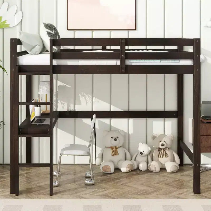 Letto a soppalco in legno di gomma matrimoniale con scaletta, sponde di sicurezza e scrivania integrata, 78,6"L x 41,4"W