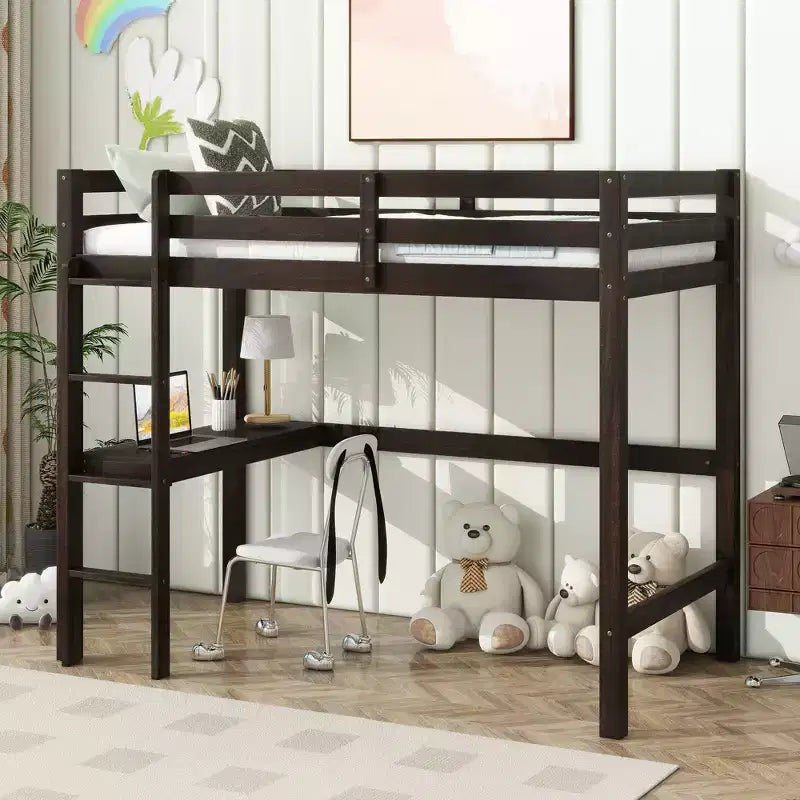 Letto a soppalco in legno di gomma matrimoniale con scaletta, sponde di sicurezza e scrivania integrata, 78,6"L x 41,4"W