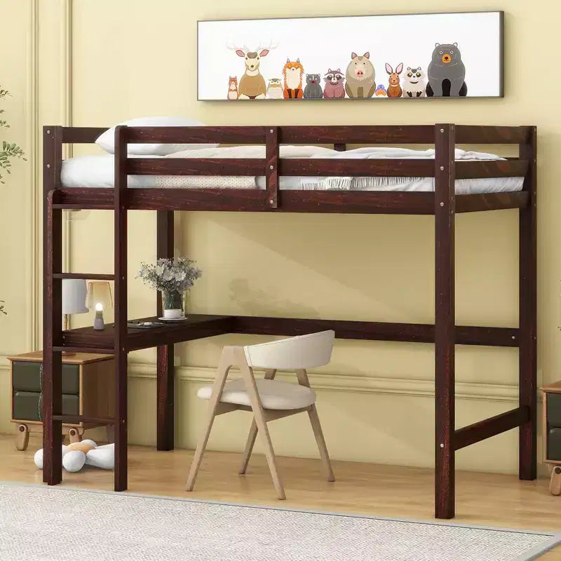 Letto a soppalco in legno di gomma matrimoniale con scaletta, sponde di sicurezza e scrivania integrata, 78,6"L x 41,4"W