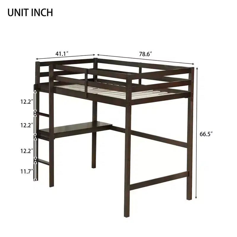 Letto a soppalco in legno di gomma matrimoniale con scaletta, sponde di sicurezza e scrivania integrata, 78,6"L x 41,4"W