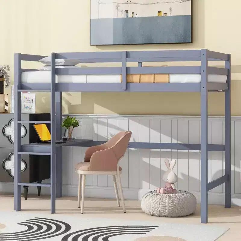 Letto a soppalco in legno di gomma matrimoniale con scaletta, sponde di sicurezza e scrivania integrata, 78,6"L x 41,4"W