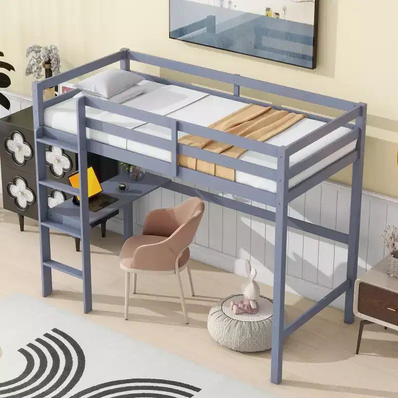 Letto a soppalco in legno di gomma matrimoniale con scaletta, sponde di sicurezza e scrivania integrata, 78,6"L x 41,4"W