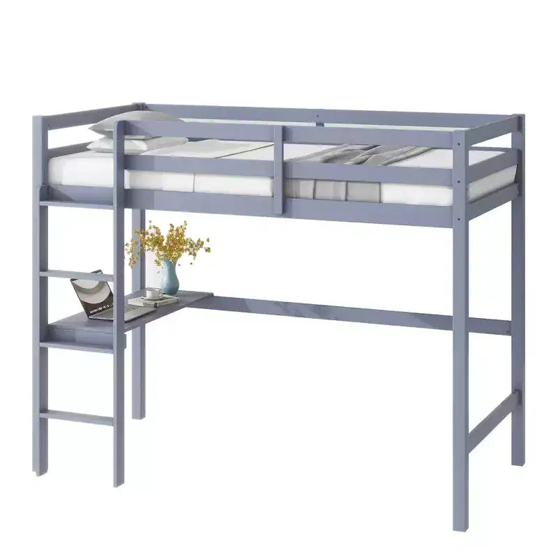 Letto a soppalco in legno di gomma matrimoniale con scaletta, sponde di sicurezza e scrivania integrata, 78,6"L x 41,4"W