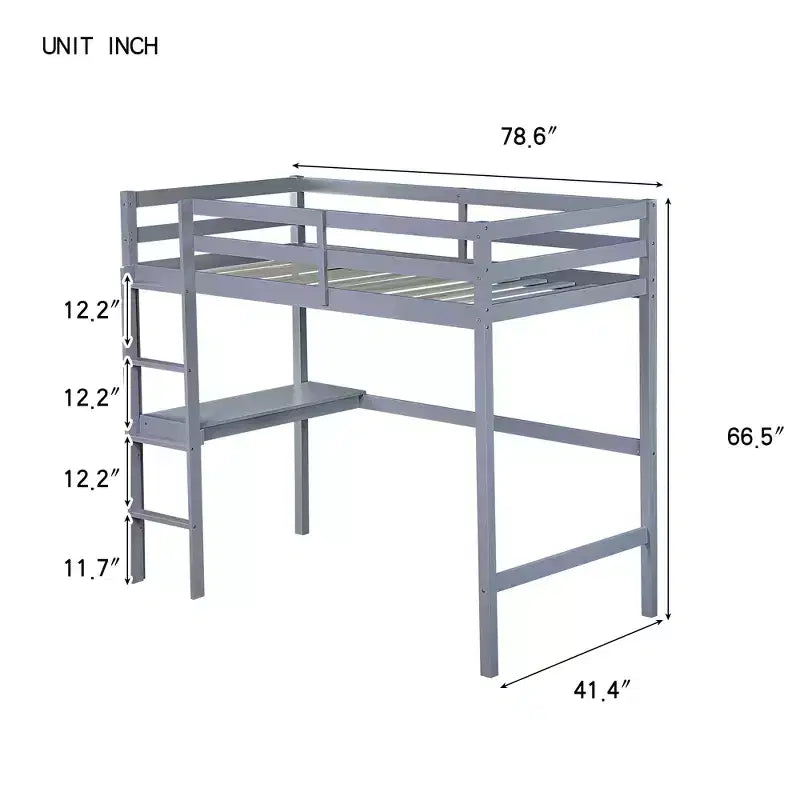 Letto a soppalco in legno di gomma matrimoniale con scaletta, sponde di sicurezza e scrivania integrata, 78,6"L x 41,4"W