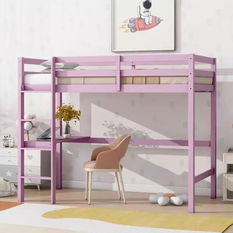 Letto a soppalco in legno di gomma matrimoniale con scaletta, sponde di sicurezza e scrivania integrata, 78,6"L x 41,4"W