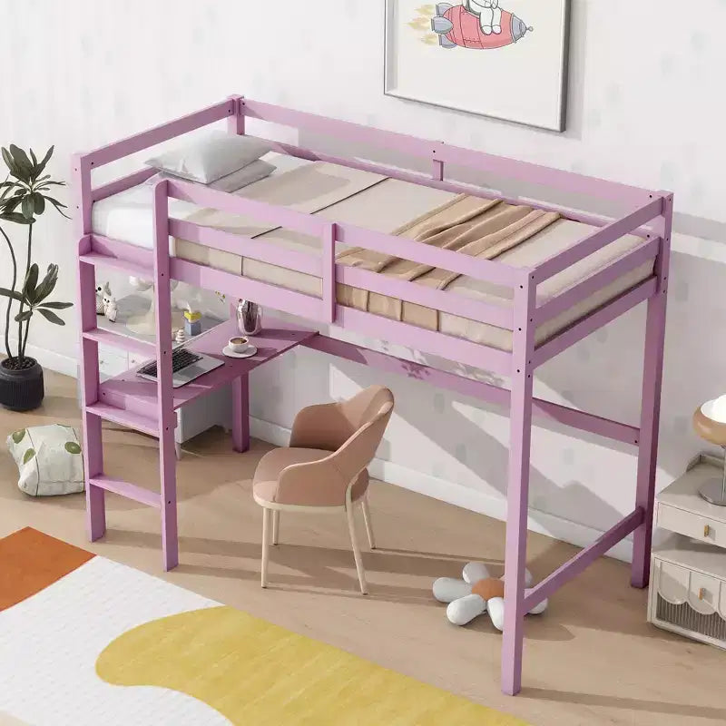 Letto a soppalco in legno di gomma matrimoniale con scaletta, sponde di sicurezza e scrivania integrata, 78,6"L x 41,4"W