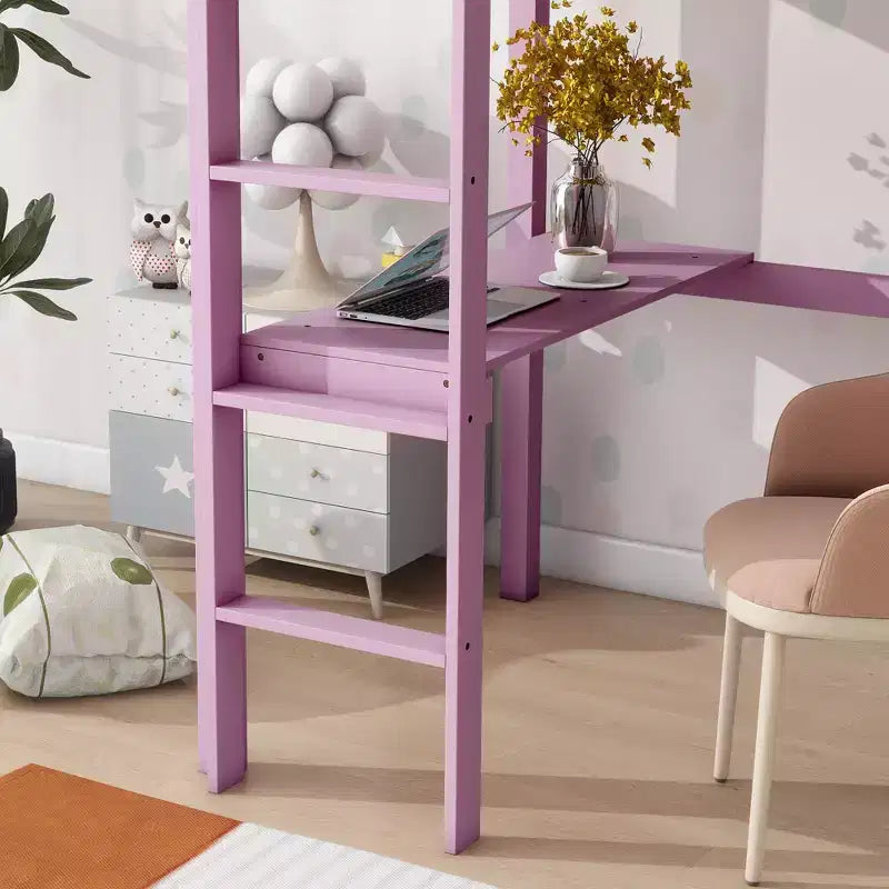 Letto a soppalco in legno di gomma matrimoniale con scaletta, sponde di sicurezza e scrivania integrata, 78,6"L x 41,4"W