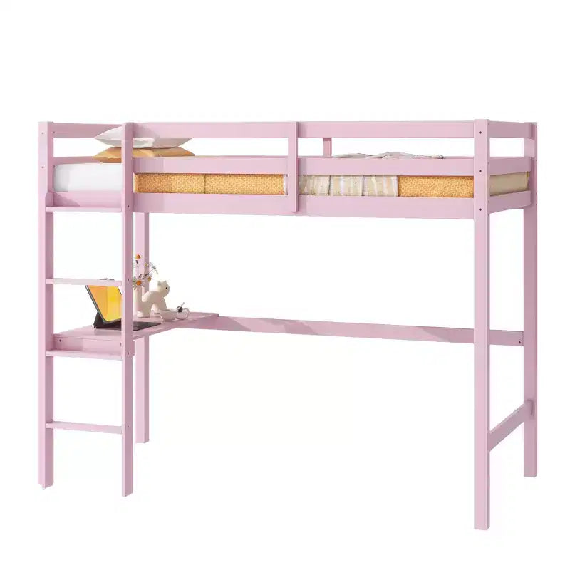 Letto a soppalco in legno di gomma matrimoniale con scaletta, sponde di sicurezza e scrivania integrata, 78,6"L x 41,4"W
