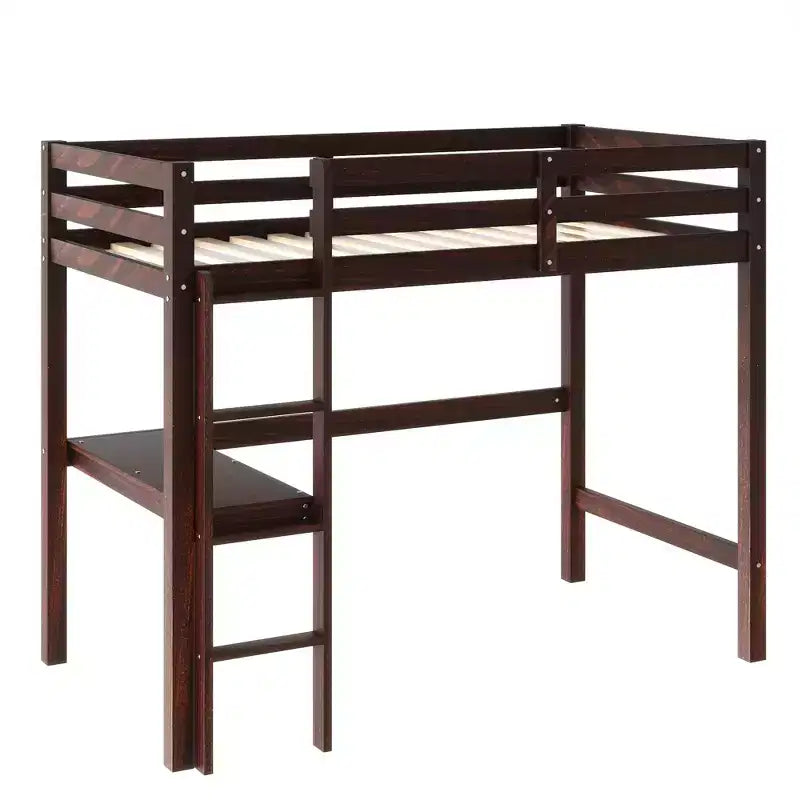 Letto a soppalco in legno di gomma matrimoniale con scaletta, sponde di sicurezza e scrivania integrata, 78,6"L x 41,4"W
