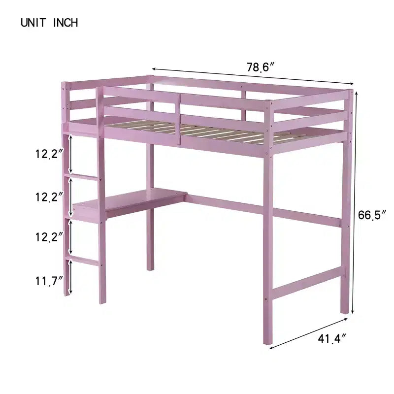 Letto a soppalco in legno di gomma matrimoniale con scaletta, sponde di sicurezza e scrivania integrata, 78,6"L x 41,4"W
