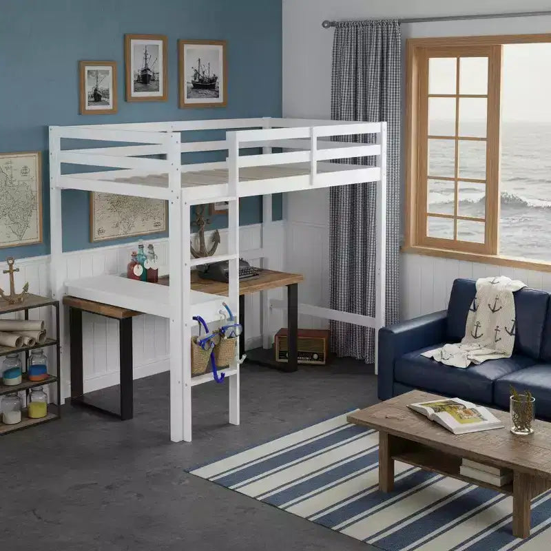 Letto a soppalco in legno di gomma matrimoniale con scaletta, sponde di sicurezza e scrivania integrata, 78,6"L x 41,4"W