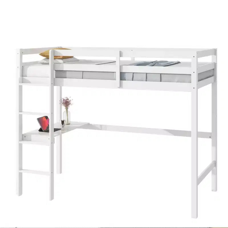 Letto a soppalco in legno di gomma matrimoniale con scaletta, sponde di sicurezza e scrivania integrata, 78,6"L x 41,4"W
