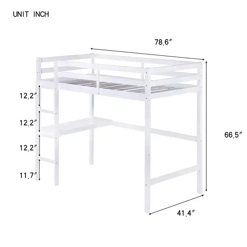 Letto a soppalco in legno di gomma matrimoniale con scaletta, sponde di sicurezza e scrivania integrata, 78,6"L x 41,4"W