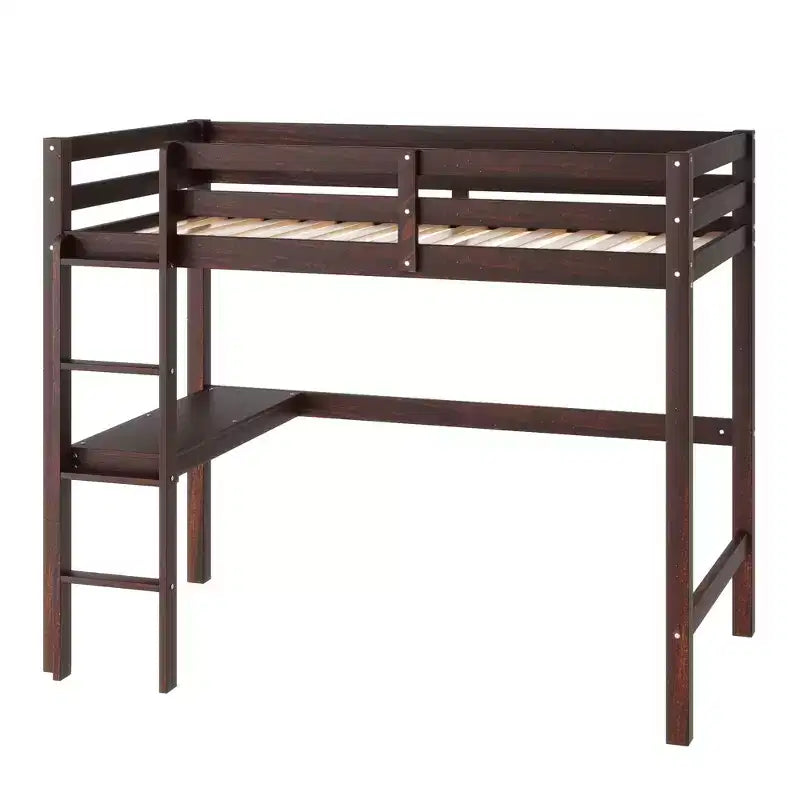 Letto a soppalco in legno di gomma matrimoniale con scaletta, sponde di sicurezza e scrivania integrata, 78,6"L x 41,4"W