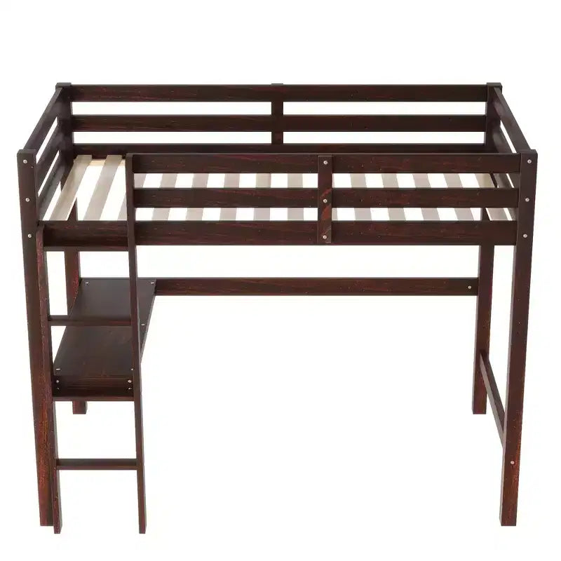 Letto a soppalco in legno di gomma matrimoniale con scaletta, sponde di sicurezza e scrivania integrata, 78,6"L x 41,4"W