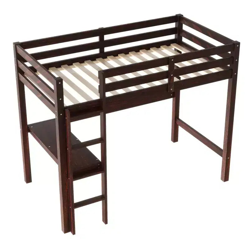 Letto a soppalco in legno di gomma matrimoniale con scaletta, sponde di sicurezza e scrivania integrata, 78,6"L x 41,4"W