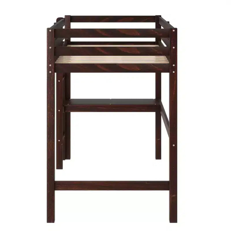 Letto a soppalco in legno di gomma matrimoniale con scaletta, sponde di sicurezza e scrivania integrata, 78,6"L x 41,4"W