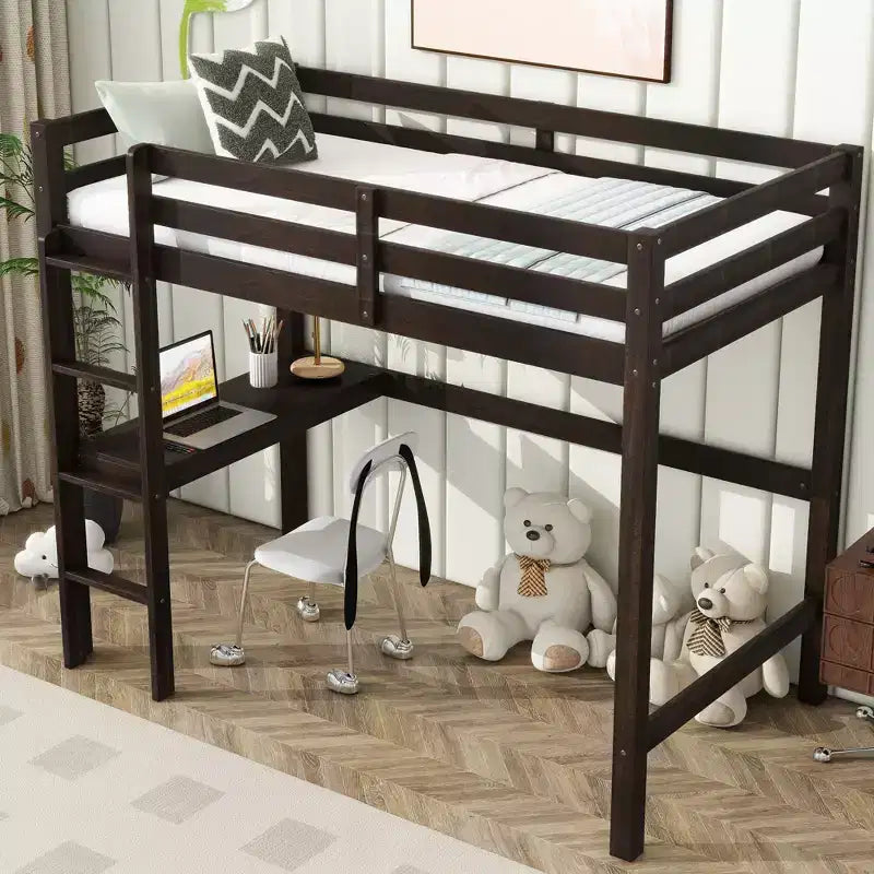 Letto a soppalco in legno di gomma matrimoniale con scaletta, sponde di sicurezza e scrivania integrata, 78,6"L x 41,4"W