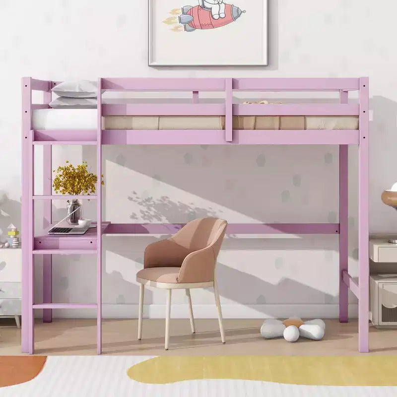 Letto a soppalco in legno di gomma matrimoniale con scaletta, sponde di sicurezza e scrivania integrata, 78,6"L x 41,4"W