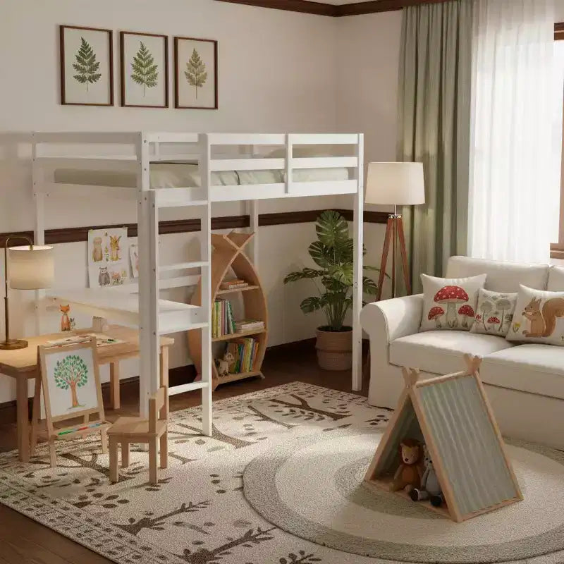 Letto a soppalco in legno di gomma matrimoniale con scaletta, sponde di sicurezza e scrivania integrata, 78,6"L x 41,4"W