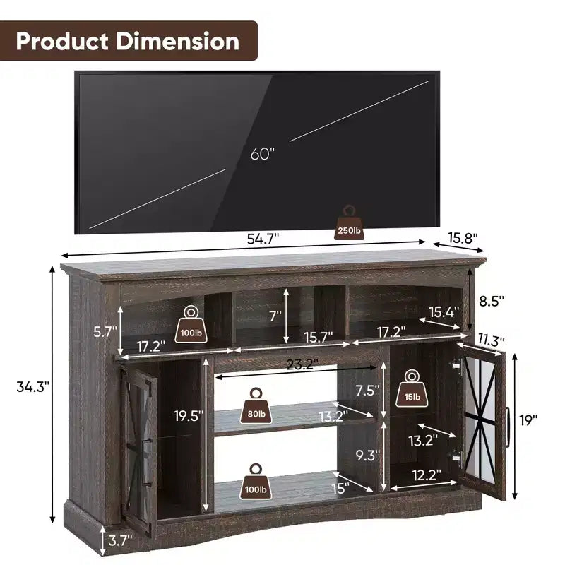 Mobile TV da 55'' con Ante in Vetro, Luci LED e Ripiani Regolabili