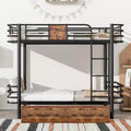 Letto a Castello in Metallo Twin XL su Twin XL con 2 Cassetti Contenitore, Scala e Sponde di Sicurezza, Nero/Argento