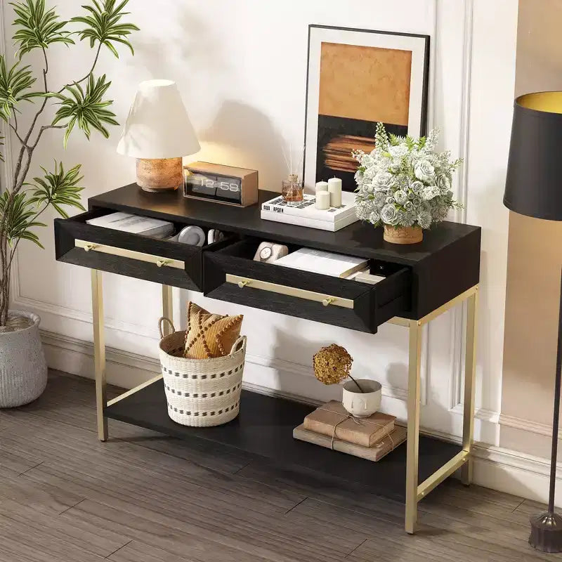 Consolle da 45.5 pollici con due cassetti, tavolo da corridoio retrò con design geometrico