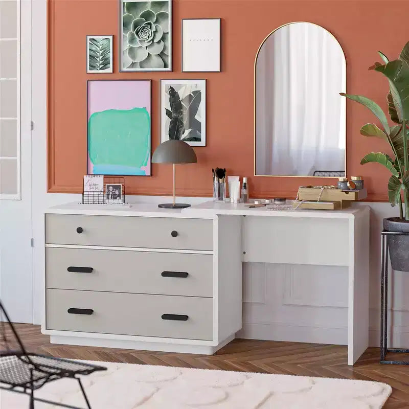 Cassettiera a 3 cassetti e Scrivania, Legno e MDF, Design Minimalista, Tortora e Bianco