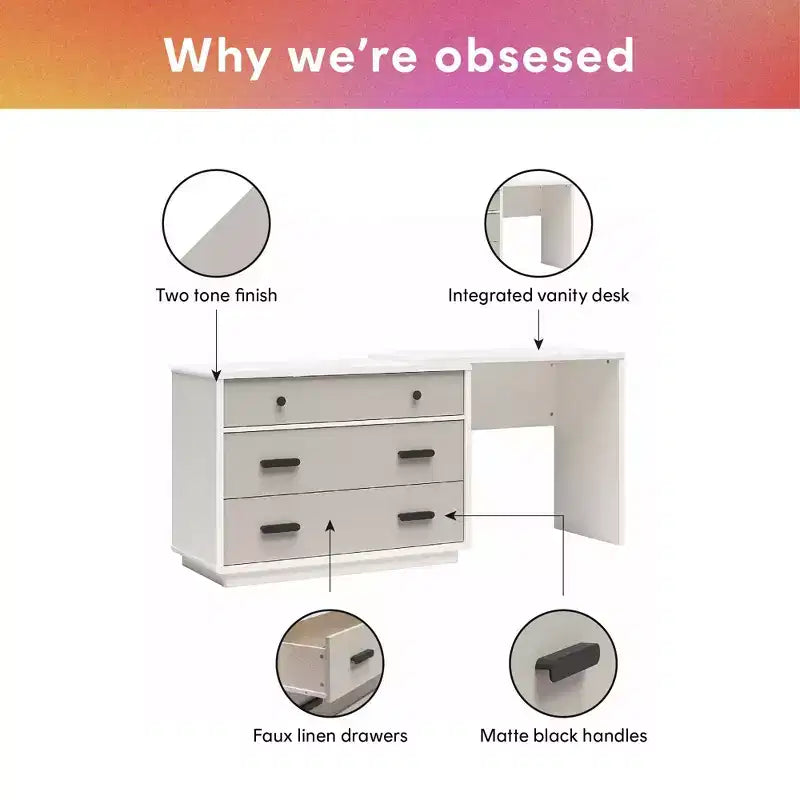 Cassettiera a 3 cassetti e Scrivania, Legno e MDF, Design Minimalista, Tortora e Bianco