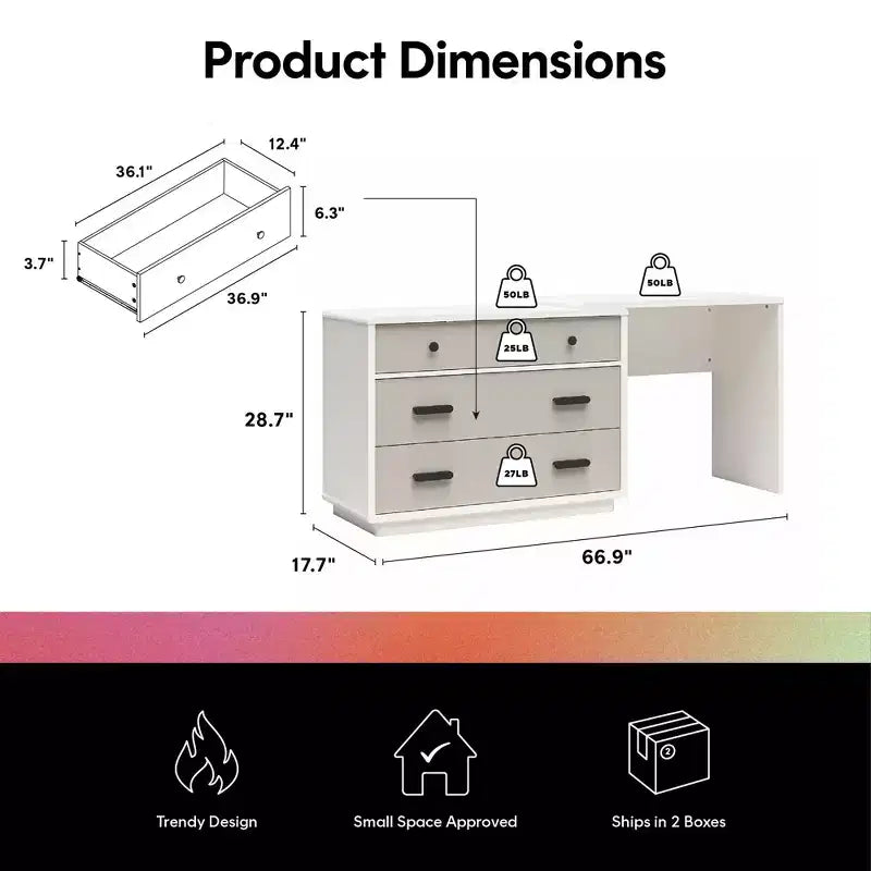 Cassettiera a 3 cassetti e Scrivania, Legno e MDF, Design Minimalista, Tortora e Bianco