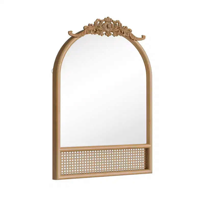 Specchio da parete ad arco con cornice in legno e rattan