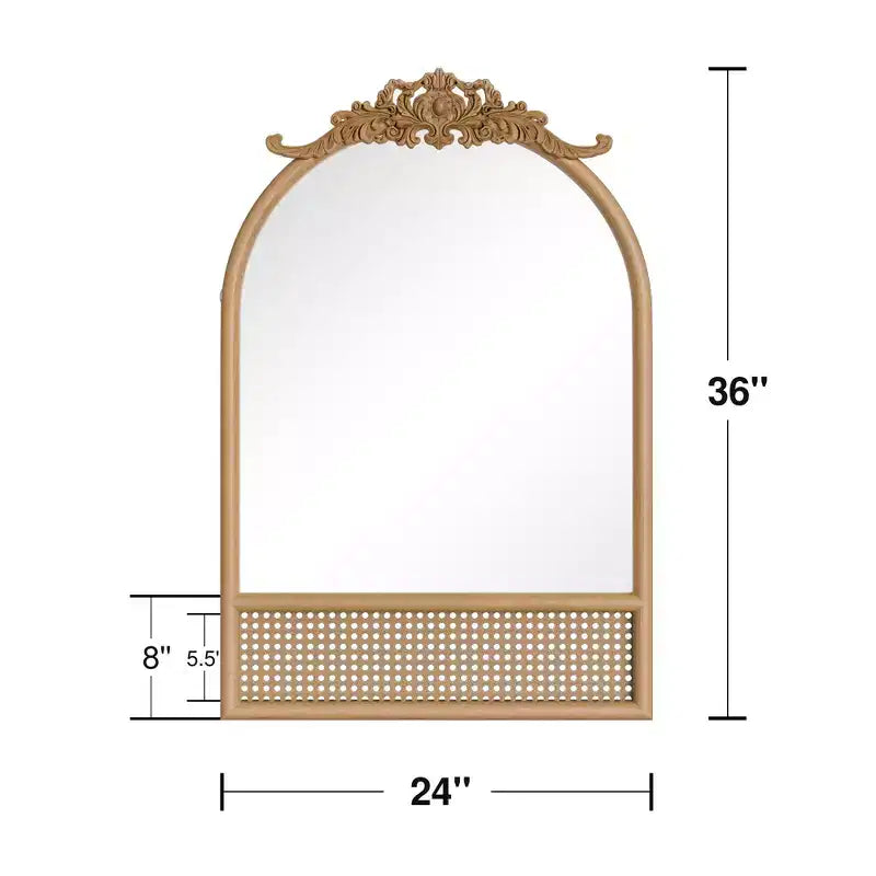 Specchio da parete ad arco con cornice in legno e rattan