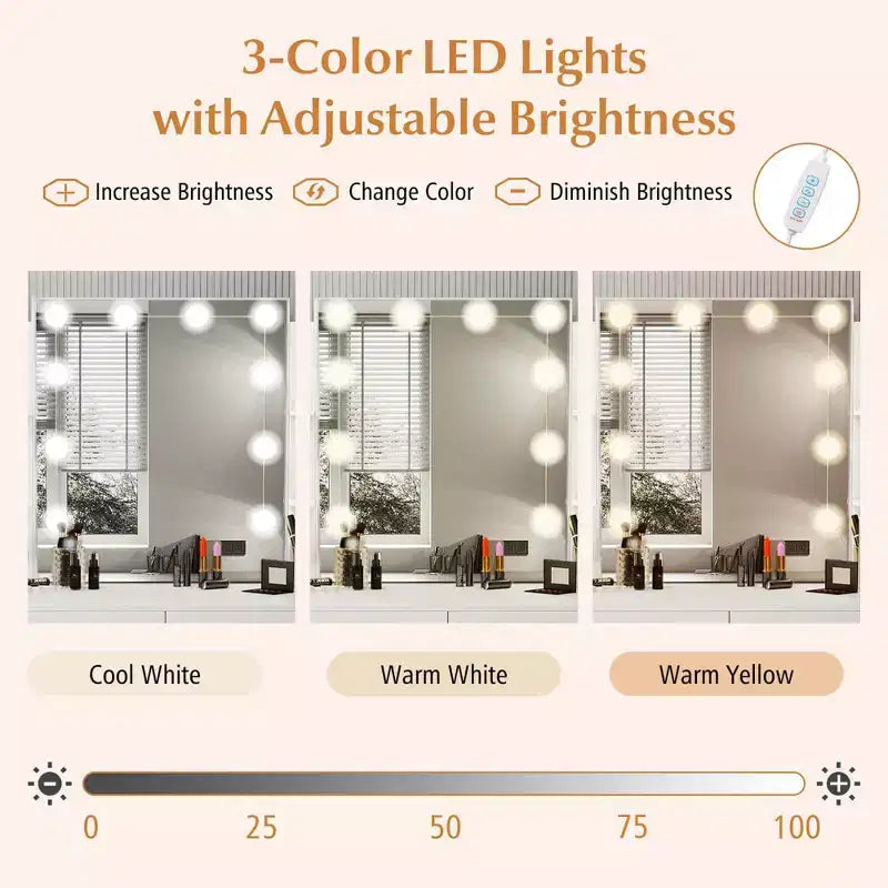 Toeletta Trucco con Specchio Illuminato, Stazione di Ricarica, Luci LED Dimmerabili a 3 Colori, Bianco/Nero