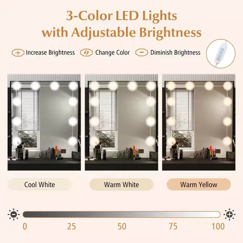 Toeletta Trucco con Specchio Illuminato, Stazione di Ricarica, Luci LED Dimmerabili a 3 Colori, Bianco/Nero