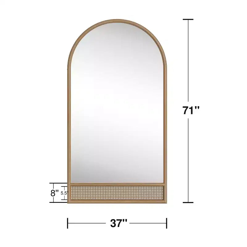 Specchio a figura intera 71x37 in legno massello ad arco con cornice in legno arrotondata e dettagli in rattan