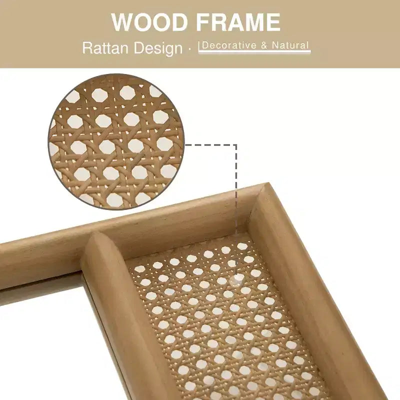 Specchio a figura intera 71x37 in legno massello ad arco con cornice in legno arrotondata e dettagli in rattan