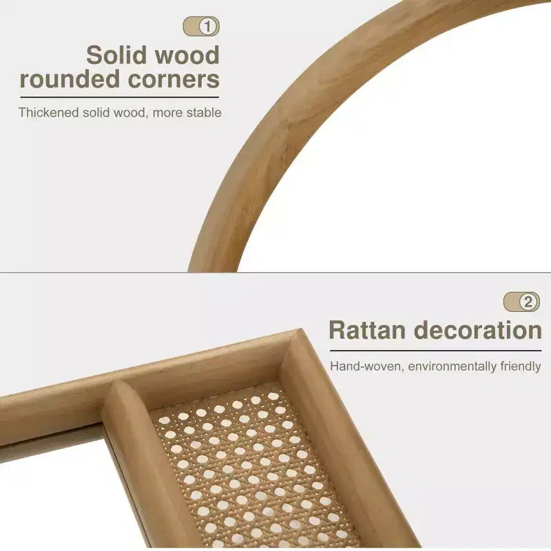 Specchio a figura intera 71x37 in legno massello ad arco con cornice in legno arrotondata e dettagli in rattan