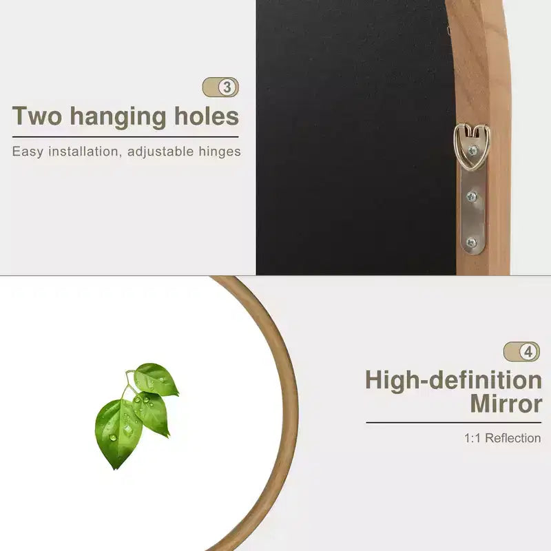 Specchio a figura intera 71x37 in legno massello ad arco con cornice in legno arrotondata e dettagli in rattan
