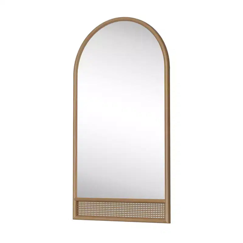 Specchio a figura intera 71x37 in legno massello ad arco con cornice in legno arrotondata e dettagli in rattan