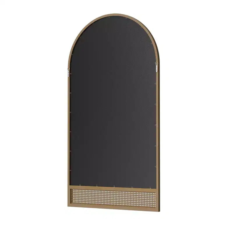 Specchio a figura intera 71x37 in legno massello ad arco con cornice in legno arrotondata e dettagli in rattan