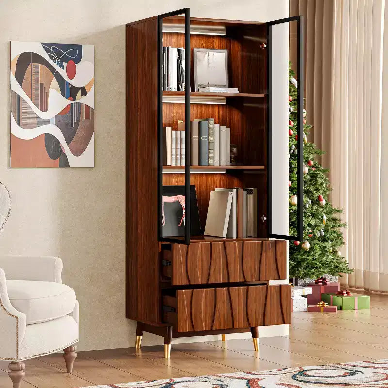 Vetrina in Vetro a 3 Ripiani Marrone Noce da 60 cm con Cassetti, Credenza in Legno Stile Mid-Century Modern per Casa e Ufficio