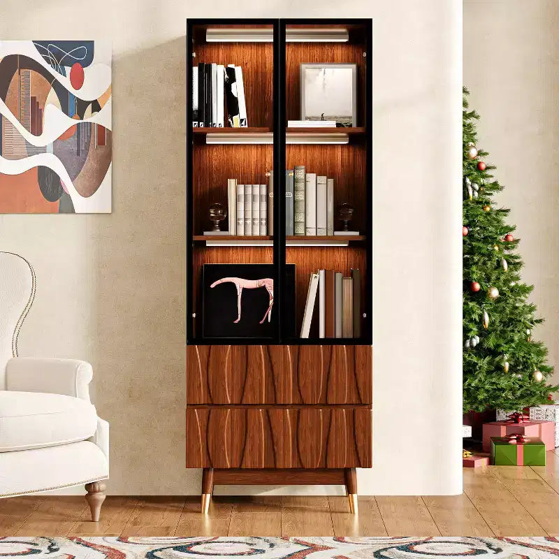 Vetrina in Vetro a 3 Ripiani Marrone Noce da 60 cm con Cassetti, Credenza in Legno Stile Mid-Century Modern per Casa e Ufficio