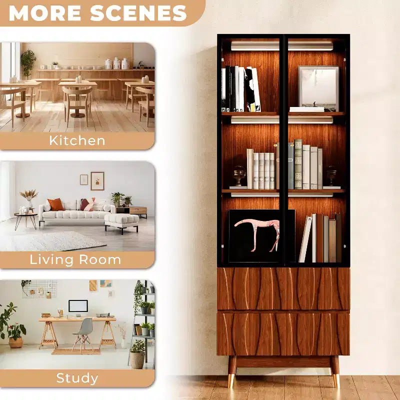 Vetrina in Vetro a 3 Ripiani Marrone Noce da 60 cm con Cassetti, Credenza in Legno Stile Mid-Century Modern per Casa e Ufficio