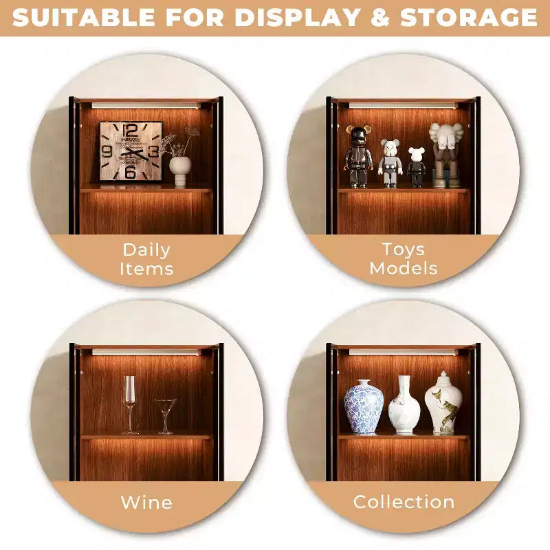 Vetrina in Vetro a 3 Ripiani Marrone Noce da 60 cm con Cassetti, Credenza in Legno Stile Mid-Century Modern per Casa e Ufficio