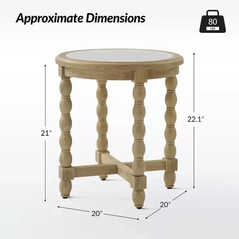 Tavolino in stile rustico con piano effetto marmo e gambe tornite, in legno massello