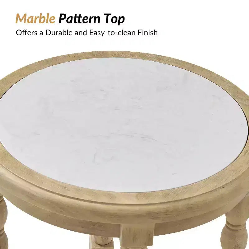Tavolino in stile rustico con piano effetto marmo e gambe tornite, in legno massello