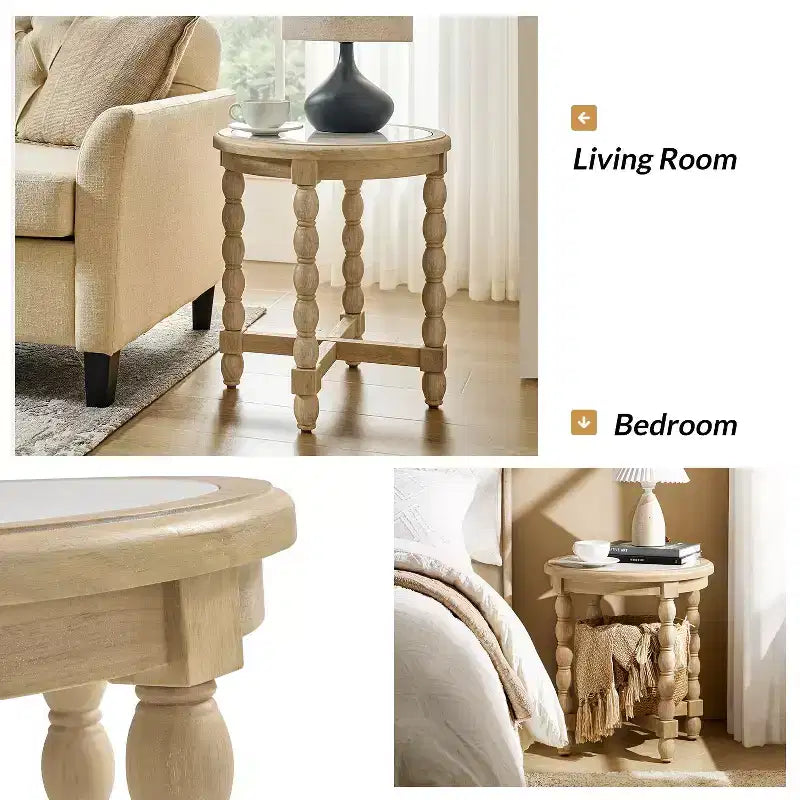 Tavolino in stile rustico con piano effetto marmo e gambe tornite, in legno massello